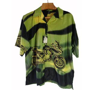 Vintage Claudio Nucci Mens XL Green Black Motorcycle Print Button Up Shirt Y2K